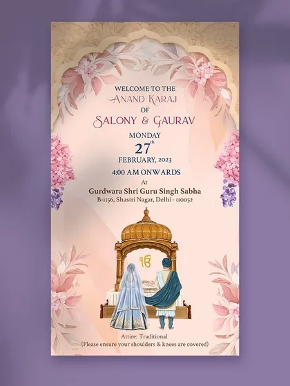 A beautiful digital invite for an Anand Karaj ceremony. The design features a soft, watercolor floral theme and an illustration of the couple at the Gurdwara, creating a serene and respectful invitation for the Sikh wedding.