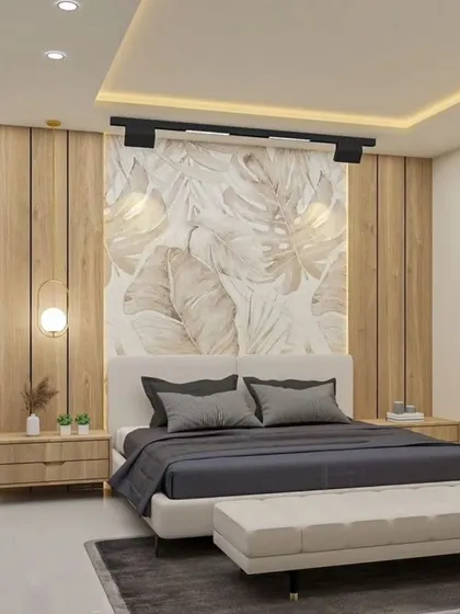 A 3D render of a bedroom with a light wood feature wall and a nature-inspired wallpaper. The design is bright, airy, and brings a touch of the outdoors inside.