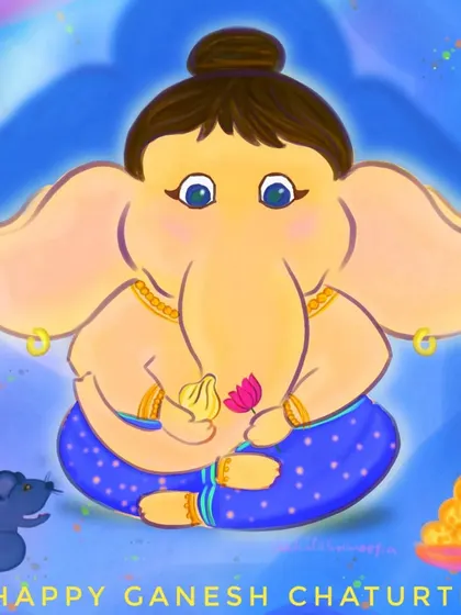 A variation of the baby Ganesha illustration with a slightly different color palette and background texture.