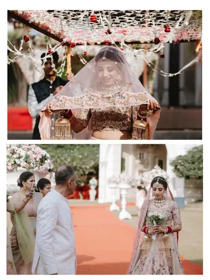 The bride's entry under the phoolon ki chadar, a classic and emotional moment captured from multiple angles.