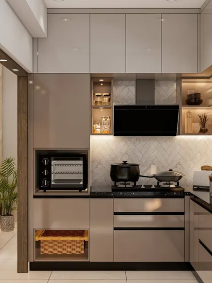A compact and efficient kitchen layout with integrated appliances, marble-patterned backsplash, and under-cabinet lighting for a functional and stylish workspace.