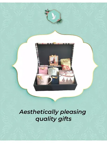 I pride myself on creating aesthetically pleasing gifts that are also high quality. This image showcases a hamper with Mr. & Mrs. mugs, perfect for a couple, combining style and sentiment.