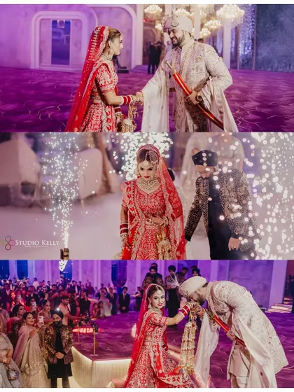A collage of the wedding ceremony, from the Varmala to the groom's chivalrous gesture.