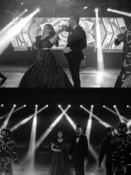 A dramatic black and white collage of Jatin and Muskan's Sangeet performance. The stage lights and LED dancers create a high-impact, concert-like feel.