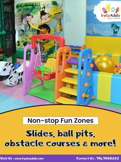 The toddler area is full of non-stop fun, with a mini slide and swing set, soft play equipment, and a small ball pit, all designed for the safety of our youngest visitors.