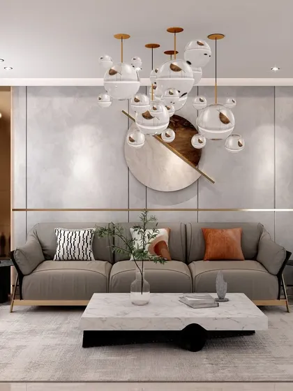 This angle shows the use of a large, abstract wall sculpture and a unique coffee table to add visual interest. The design proves that maximalism can be achieved with balance and sophistication.