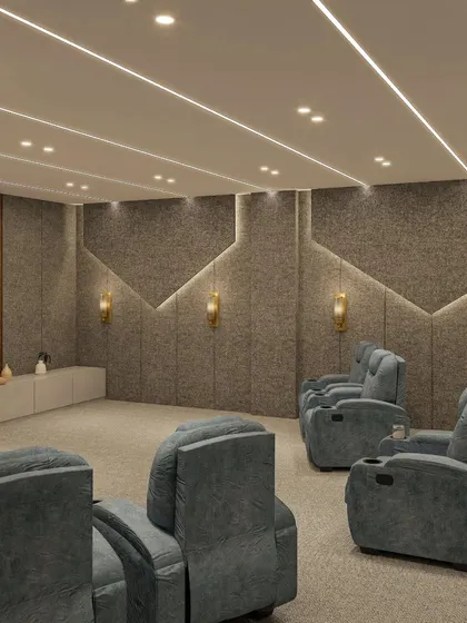The home theater walls feature geometric acoustic panels with integrated wall sconces for optimal sound and a stylish look.