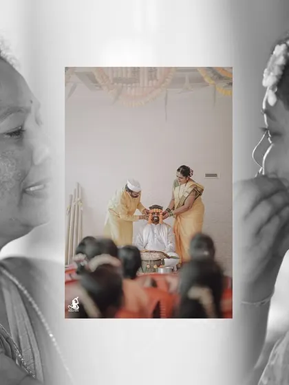 An artistic black and white collage focusing on the emotional and traditional aspects of a Haldi ceremony.
