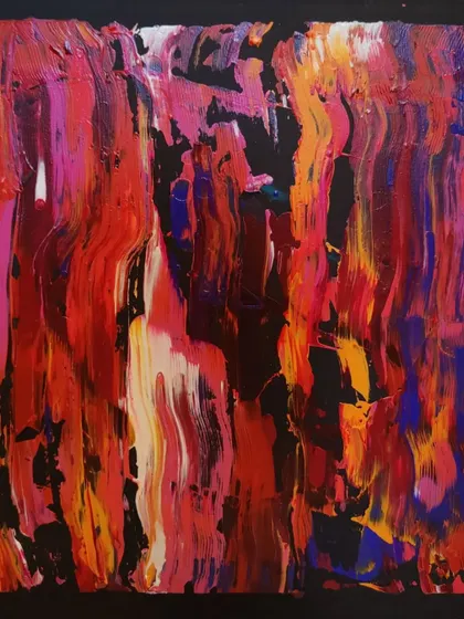 An abstract painting from the 'Reclaiming Red' series, full of texture and vibrant energy.