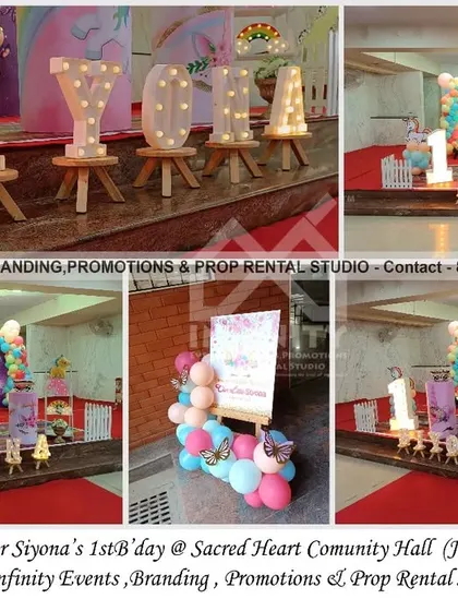 A classic unicorn theme for Siyona's first birthday. The decor includes a circular backdrop with a unicorn, a colorful balloon arch, and themed cylinder tables, perfect for a magical celebration.