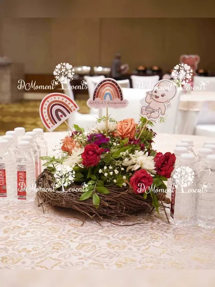 Attention to detail extends to guest amenities. For this Annaprashan ceremony, I arranged for personalized water bottles to be displayed as part of the table centerpieces.