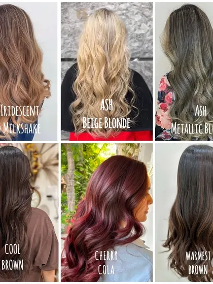 This collage displays the wide variety of hair colors we offer. It features shades like Ash Iridescent, Ash Beige Blonde, Cool Brown, and Cherry Cola, showing our versatility with both natural and bold looks.