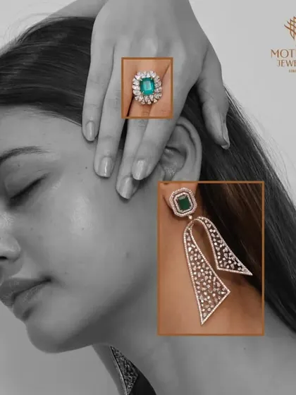 A model wearing a matching set of emerald and diamond earrings and a ring. This image highlights the beauty of coordinating gemstone pieces for a polished look.