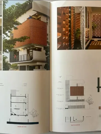 A spread from a Korean publication featuring 'House Belaku', showcasing its unique brick jali screens and detailed architectural drawings.