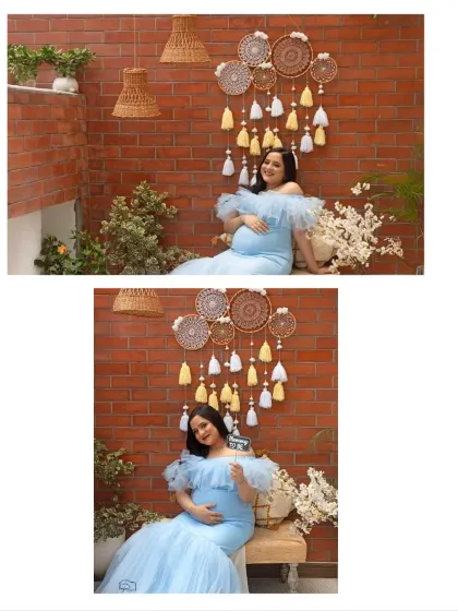 A collage showing different poses and angles from the cozy corner shoot, highlighting its versatility for creating beautiful and relaxed maternity portraits.
