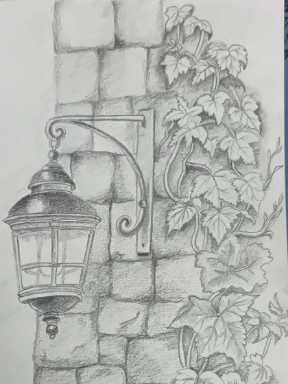 This is a detailed pencil sketch of a vintage lamp against a stone wall. Still life drawings like this are excellent practice for understanding light, shadow, and different material textures like metal, stone, and foliage.