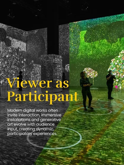 Modern digital works often invite interaction, creating dynamic, participatory experiences where the viewer becomes a participant.