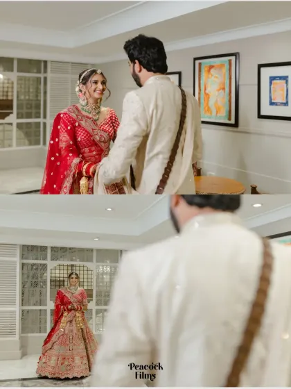 The first look. A collage capturing the groom's reaction as he sees his bride for the first time in her stunning wedding lehenga.