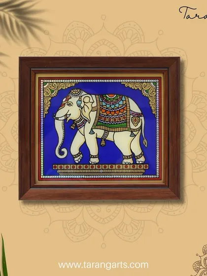 A stunning glass painting of a royal elephant against a deep blue background. The vibrant colors of its saddle and the starry sky create a magical and majestic scene, perfect for any art lover.
