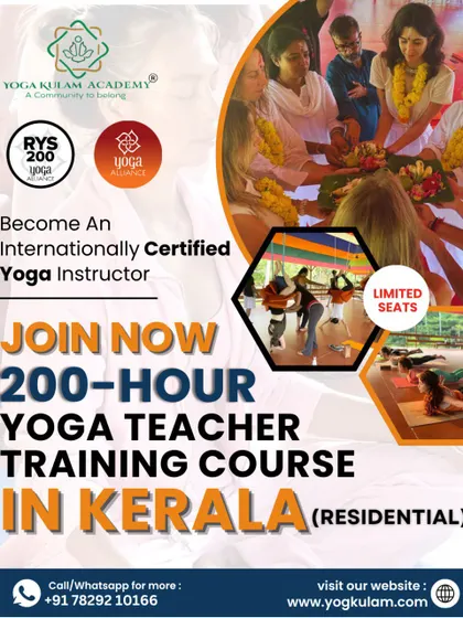 This poster for our 200-hour residential YTTC in Kerala highlights the immersive nature of the course, with images of our traditional welcome ceremony and hands-on training.
