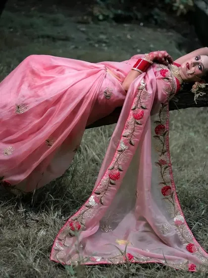 A high-angle shot of the model lying on the log, with her embroidered pink saree spread out. This composition creates a visually striking and romantic image.