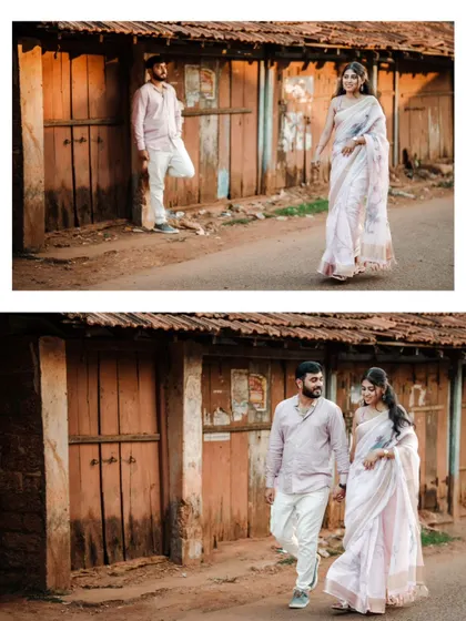 A collage showing a couple's romantic walk through a vintage street, with the old wooden buildings providing a unique backdrop.