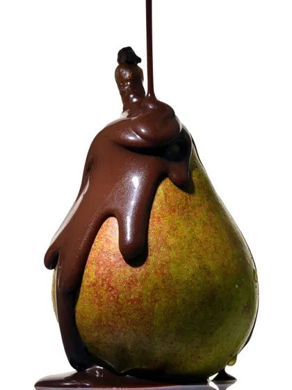 A slightly different take on the pear and chocolate concept. Capturing multiple variations allows me to find the most visually appealing flow and texture in the melted chocolate.