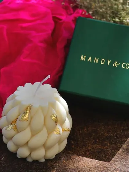 My luxury braided soy candle, finished with gold foil and presented in a premium gift box. This piece is designed to look festive and clean, making it a sophisticated gift.