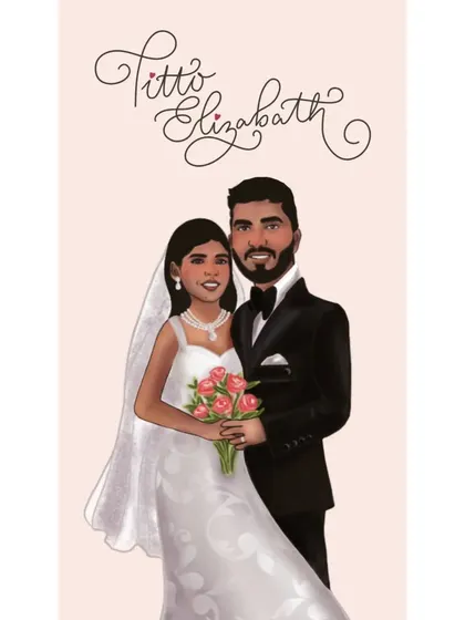 This custom digital portrait was created for a dear friend's wedding. I offer different variations, including simple portraits and versions with beautiful floral borders.