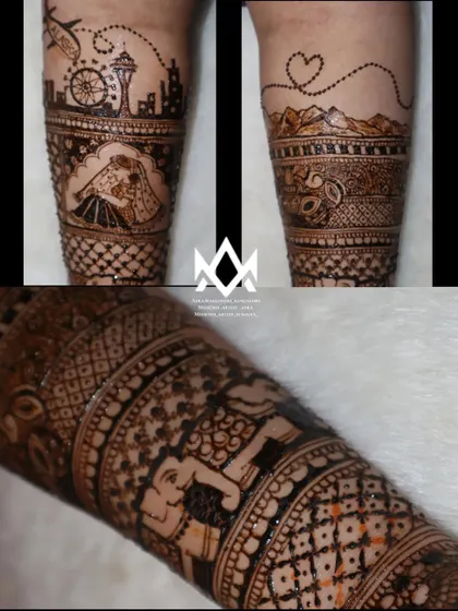 A collage showing the different custom elements in a bridal mehendi, from a couple's portrait to a city skyline and personal dates.