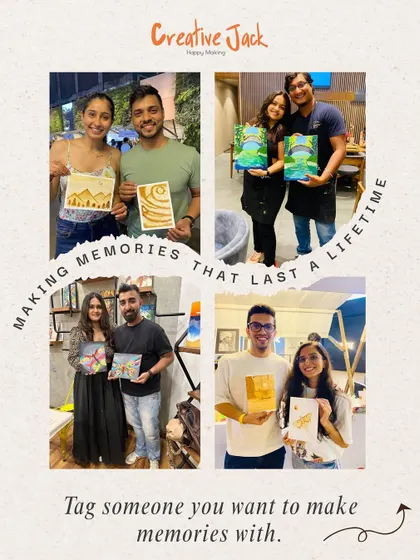A collage showing happy couples and friends posing with their artwork. My workshops are a great place to make art and create lasting memories together.