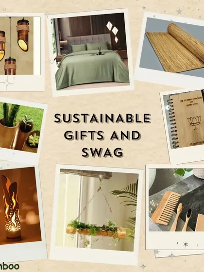 This mood board presents a variety of our sustainable gifts and swag, from bamboo bedsheets and lighting to planters and personal care items. It illustrates the breadth of our eco-friendly product universe.