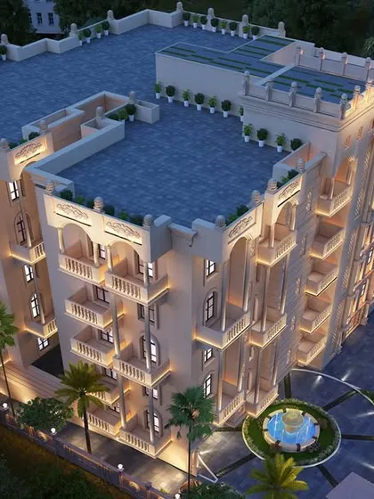 An aerial render of the Sikaria project, showing the full scope of the classically designed building.