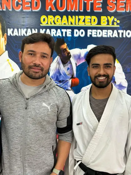 Me and my senior students with Hanshi Bharat Sharma, the mentor of Indian karate. Learning directly from such respected figures is an honor and a critical part of our training philosophy.