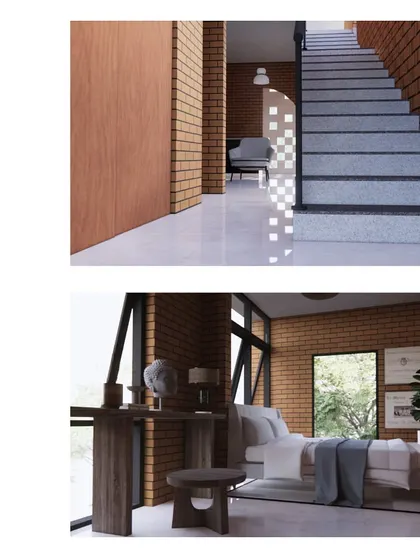Renders of the staircase and bedroom for the "Vault House." The design uses exposed brick and large windows to create a warm, industrial-chic aesthetic suitable for a compact urban home.