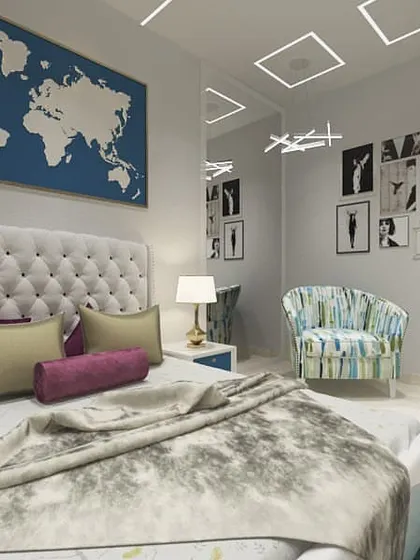 A travel-themed bedroom concept, featuring a large world map as wall art and a tufted headboard. This 3D visualization brings a client's personal interests into their home's design.