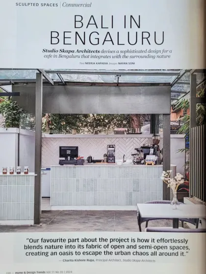 A magazine feature on Kana Cafe, titled "Bali in Bengaluru." The article highlights how the design effortlessly blends nature into its fabric, creating an escape from urban chaos.