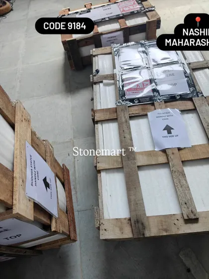 More crates containing a large Buddha fountain, ready for their journey to Nashik, Maharashtra.
