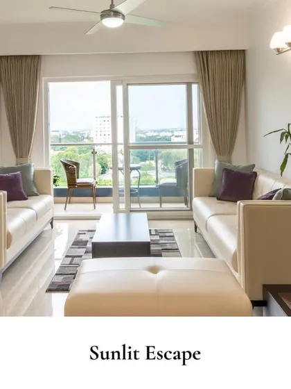 This sunlit living room is designed for comfort and charm, featuring cream-colored sofas, a central ottoman, and large windows that invite the outdoors in.