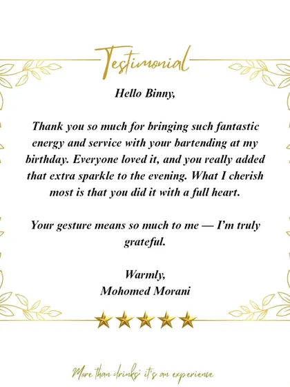 A wonderful testimonial from Mohomed Morani, who appreciated the "fantastic energy and service" at his birthday. Heartfelt feedback is our most cherished reward.