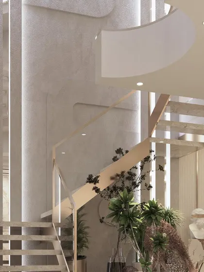 A close-up of the modern staircase design, featuring a unique combination of materials and lighting that turns a functional element into a sculptural piece of art.