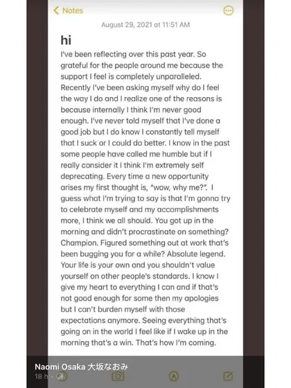 A powerful message from Naomi Osaka on self-worth and mental health. We encourage our players to celebrate their efforts and define their own success, free from external pressures. Your life is your own.