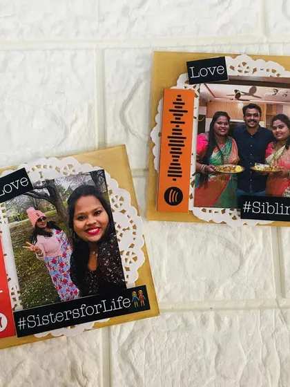These mini acrylic frames are perfect for celebrating siblings on Rakshabandhan, each with a photo and a scannable Spotify song code.