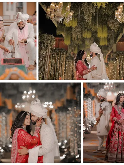 From the sacred pheras around the holy fire to romantic portraits under a canopy of lights, this collage captures the diverse and beautiful moments of a wedding ceremony.