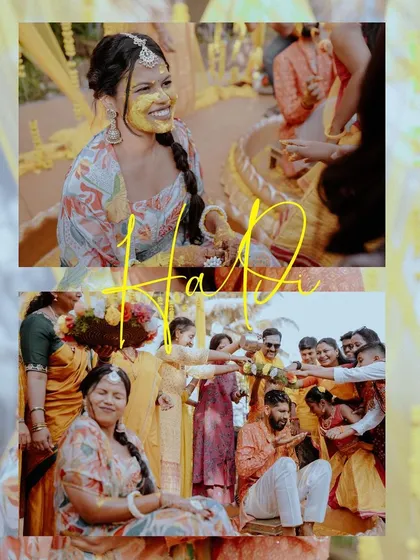 A collage showing the bride's happy expressions during her Haldi ceremony, overlaid with the word "Haldi."