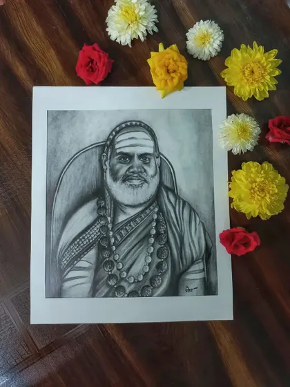 "ಶ್ರೀ ಗುರುಭ್ಯೋ ನಮಃ". A portrait of the Jagadguru of Sringeri Sharada Peetham, created with graphite pencils. This was a commissioned piece, and I feel honored to have had the opportunity to draw such a revered spiritual leader.