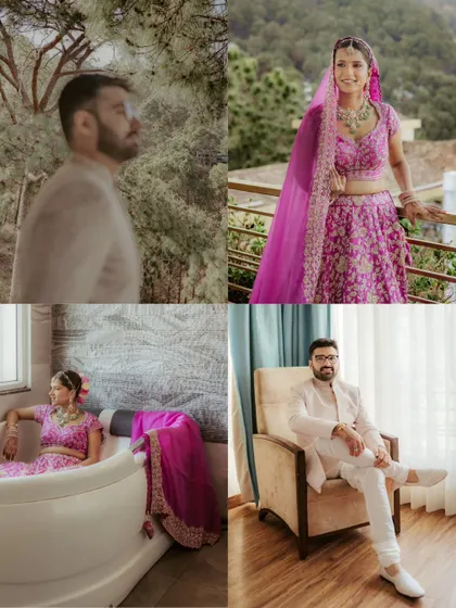 A collage of solo portraits of the bride and groom, Jhalak and Aayush, showcasing their individual styles before they come together as a couple.