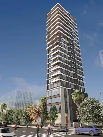 A rendering of another one of our upcoming residential apartment buildings in Matunga. The facade features a dynamic, staggered design with alternating balcony styles, creating a sense of movement and individuality for each floor.
