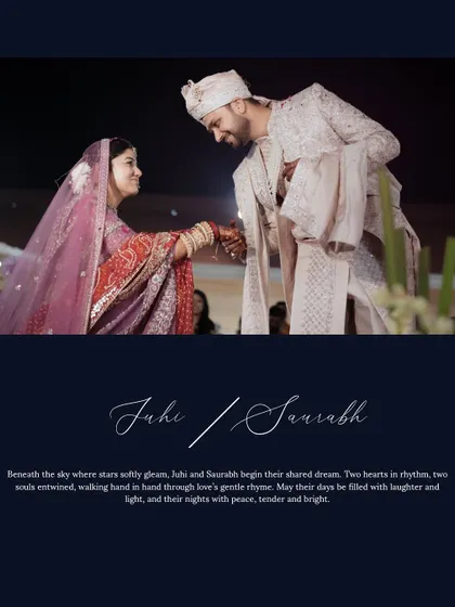 A beautiful, poetic shot of the couple sharing a quiet moment during their ceremony, with text overlay adding to the romantic narrative.
