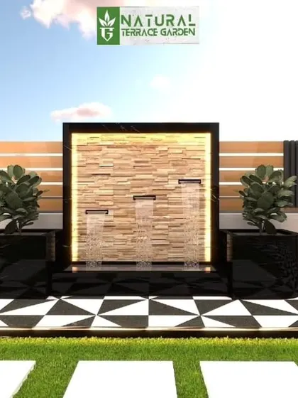 A vibrant and modern water feature design. The render combines a stone-clad waterfall with bold geometric tiles and bright orange seating for a playful, contemporary look.
